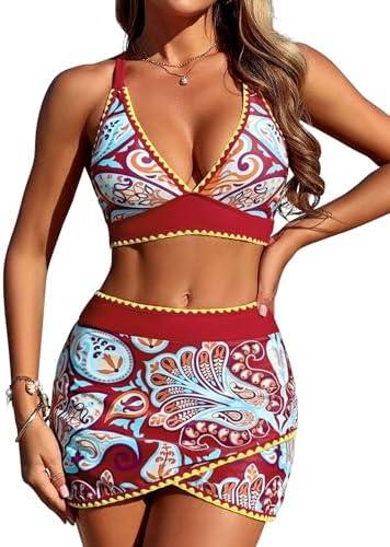 ZAFUL Women's High Waisted Bikini with Skirt Whip Stitch 2 Piece Swimsuits Tummy Control Bathing Suit, XL