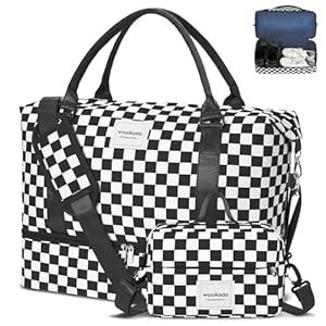 WOOMADA Weekender Overnight Bag for Women, Shoulder Travel Duffel with Shoes Compartment,Gym Bag with Toiletry Bag Large Size(Black Checkerboard)