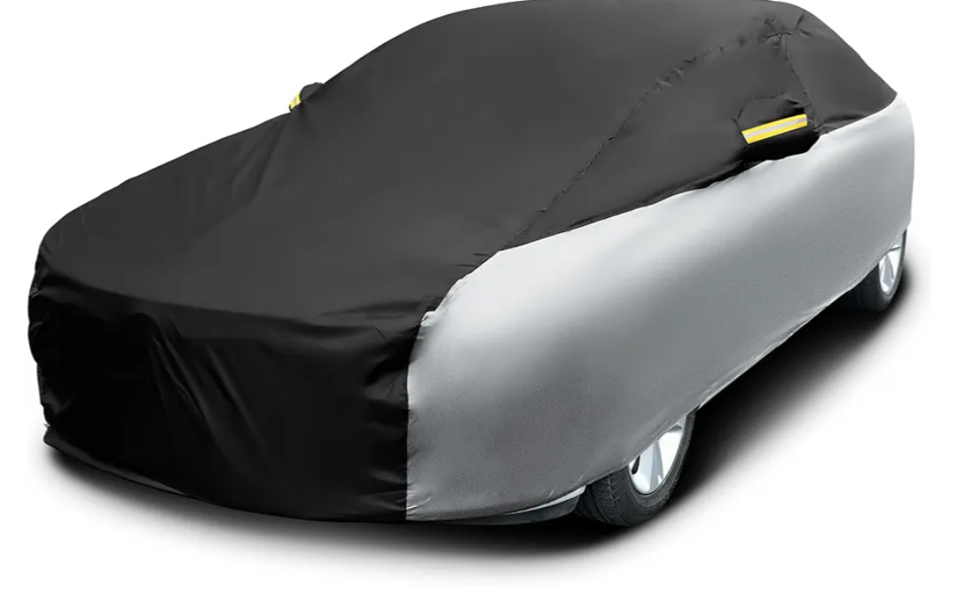Riakrum Full Car Cover Waterproof All Weather for Automobiles Windproof Cover Rain UV Protection Sun Scratch Resistant Outdoor Universal(Fit Sedan Length (185-193'') 70'' H,Black, Silver)