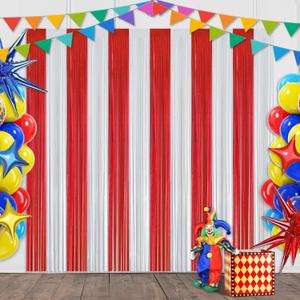 Red and White Foil Fringe Curtain Backdrop, 2 Pack Carnival Circus Party Decorations Metallic Tinsel Photo Booth Streamers for Carnival Birthday, Event Decor