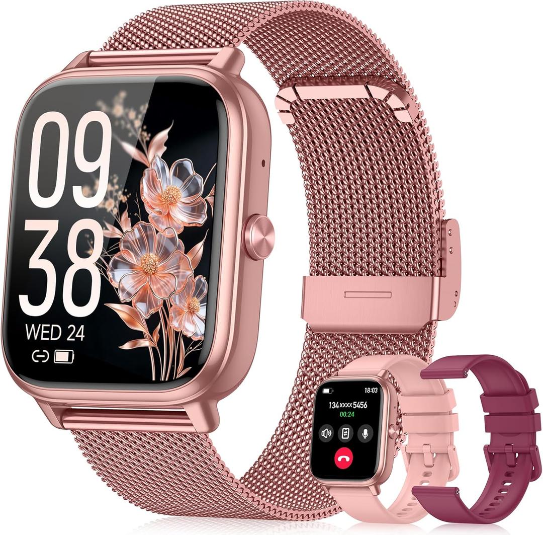 Smart Watch for Women Men- 1000mAh Battery Answer/Make Call, Fitness Step Tracker Watch with Sleep Monitor/Activity Counter/110+ Sport Mode for Andriod iPhone iOS Compatible - 3 Straps, Pink