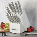 Farberware Self-Sharpening 13-Piece Knife Block Set with EdgeKeeper Technology, High Carbon-Stainless Steel Kitchen Knives, Razor-Sharp Knife Set with Wood Block, White 