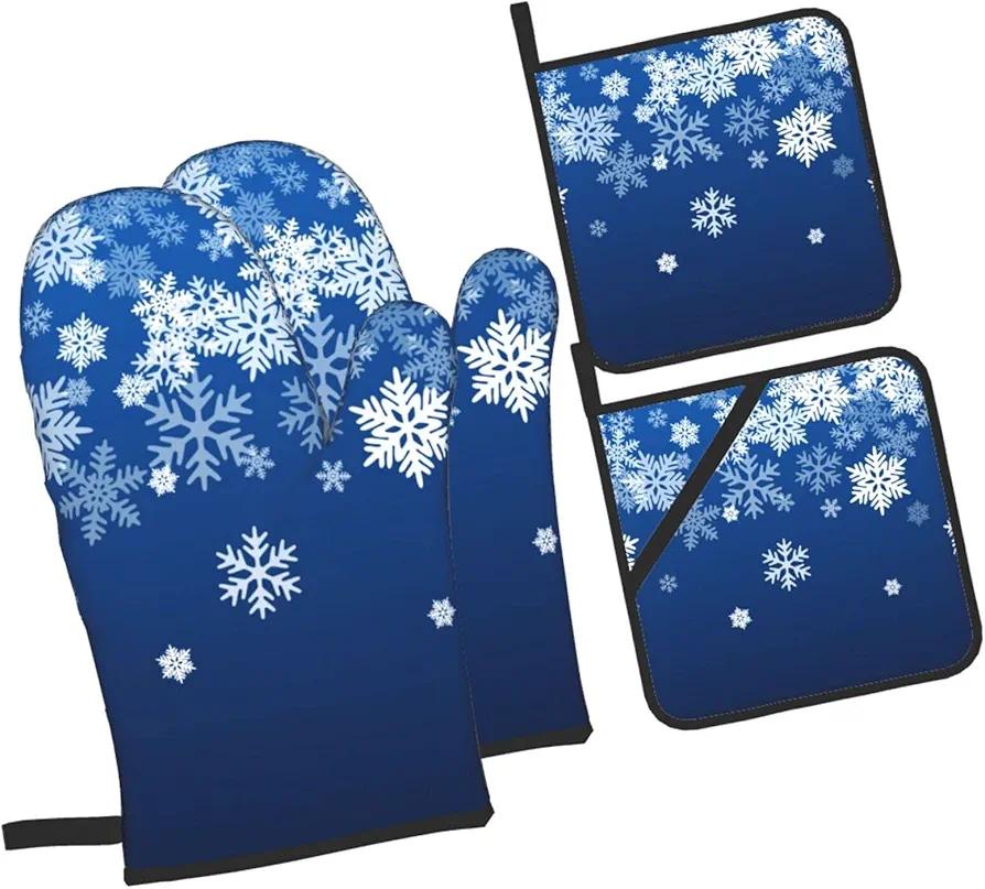 Oven Mitts and Pot Holders Sets of 4 Snowflake Blue Winter Christmas Kitchen Potholder Gloves Heat Resistant Non-Slip for Chef Baking Cooking Grilling BBQ Mittens