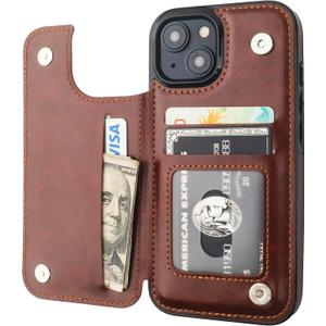 ONETOP Compatible with iPhone 15 Wallet Case with Card Holder, PU Leather Kickstand Card Slots Case, Double Magnetic Clasp and Durable Shockproof Cover 6.1 Inch (Brown)