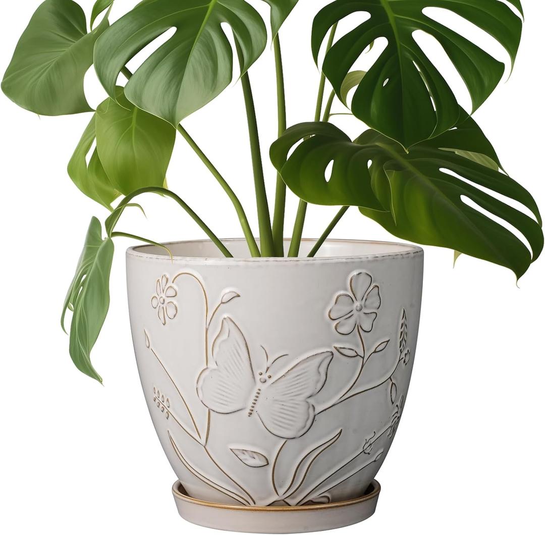MPotTo 8 Inch Ceramic Pots for Plants Large Planter Pot with Drainage Hole and Saucer Round Flower Pot for Indoor Outdoor Decor, White,  Butterflies and Flowers White