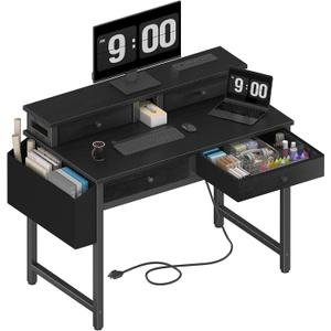 Lufeiya Small Desk with Drawers for Home Office Bedroom, 31 inch Black Writing Study Desks with Fabric Drawers Storage, Gaming Desk Table with Power Outlet & Monitor Stand, Black, 31.5"