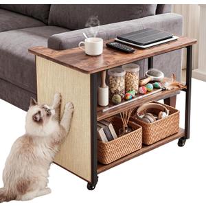 2-in-1 Cat Scratch Couch Side Table with Wheels,Couch Protector from Cat Claws,Sofa Narrow End Table with Natural Sisal Cat Scratch Panel for Living Room (Rustic Brown, Right)
