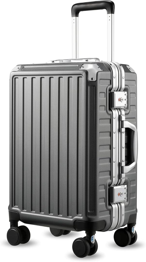 Carry On Luggage with Spinner Wheels, 8010S Aluminum Frame Zipperless Polycarbonate Hard Shell Suitcase (ZX-Core, Charcoal Metallic, 20 Inch)