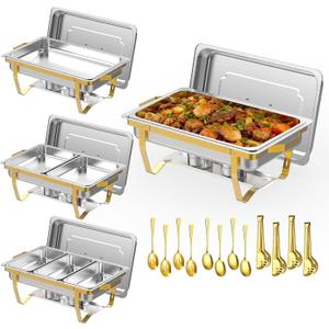 4 Pack 9 Qt Chafing Dishes Buffet Set - Gold Stainless Steel Food Warmers with 12 Serving Utensils (Tongs, Ladles, Spoons) for BBQ, Parties, Catering, Weddings, Events