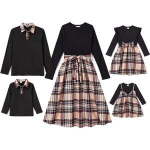 PATPAT Family Matching Outfits Mommy and Me Dresses Matching Set Long Sleeve Plaid Midi Dress and Casual Button Down Shirts (Black, XL)