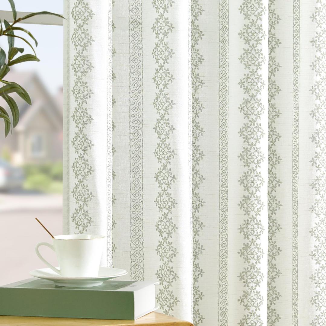 jinchan Boho Linen Blend Curtains 63 Inch Length Country Farmhouse Living Room Window Treatments Sage Green on White Print Rod Pocket Back Tab Geometric Light Filtering Drapes 2 Panels