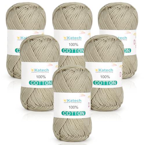Katech Pure Cotton Yarn for Crocheting & Knitting–Soft Sport Weight CYC #2, 6 Skeins (50g Each, 300g Total), Ideal Crochet Yarn for Dishcloths, Baby Clothes, Socks, Lightweight Scarves（Khaki Green）