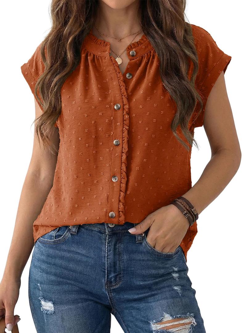 Dokotoo Womens Summer Tops Ruffle Crewneck Short Sleeve Button Down Shirts Boho Chiffon Blouses, Medium