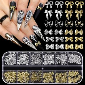 5 x Silver Gold Bow Nail Charms, Small Nails Bows Alloy 12 Styles Bowknot Nail Art Studs Bow Tie Charms for Nails DIY Y2K Decor