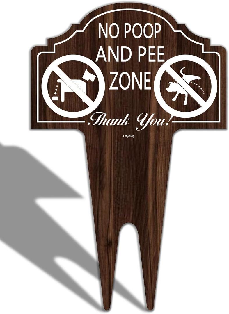 No Poop and Pee Zone Sign Double Sided Clean Up After Your Dog 14 x 10 Inches Yard Warning Sturdy Aluminum Weatherproof UV Protect Easy to Install (wooden,brown)