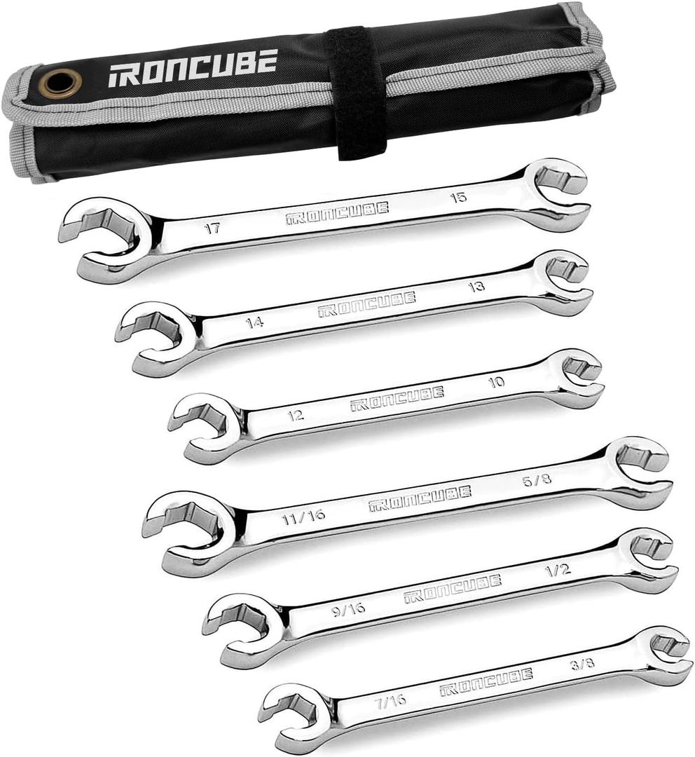 Flare Nut Wrench Set: 6-piece SAE & Metric Line Wrench Set for Removing or Replacing Nuts on Fuel, Brake or Air Conditioning Lines, Organizer Pouch Included