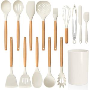 LIANYU 15 PCS Silicone Kitchen Utensils Set with Holder, Cooking Utensils set for Nonstick Cookware, Heat Resistant & Non Toxic Spatula Ladle Tong, White, Small