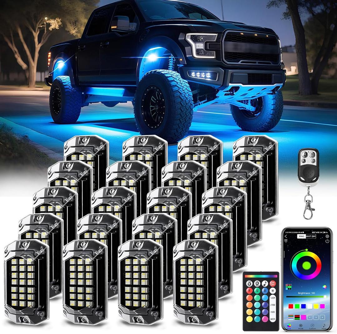 20 Pods Full Angle RGBW LED Rock Lights, 6500K Pure White RGB Rock Light for Semi Truck Jeeps Trailer Pickup Offroad Boat RV Underbody 12V Waterproof Neon Underglow Kit with APP/RF Control Sync Music