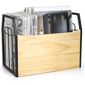 Wood Magazine Holder, Rustic Magazine Storage Rack Floor, Decorative File Book Organizer Basket for Desktop, Newspaper, Mails, Files
