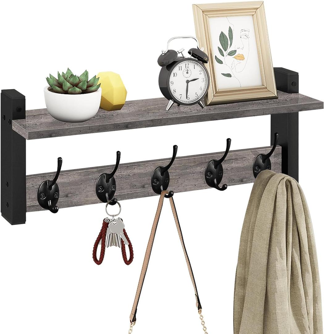 Homode Wall Hooks with Shelf, Coat Rack Wall Mount, Entryway Shelf with Hooks for Clothes, Backpack, Key, Purse - Rustic Grey (17.1 Inch Long)
