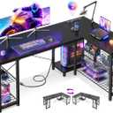 Casaottima 51 Inch L Shaped Gaming Desk with Shelves & Power Outlets, Reversible Computer Desk with Storage Shelves for Home Office, Black