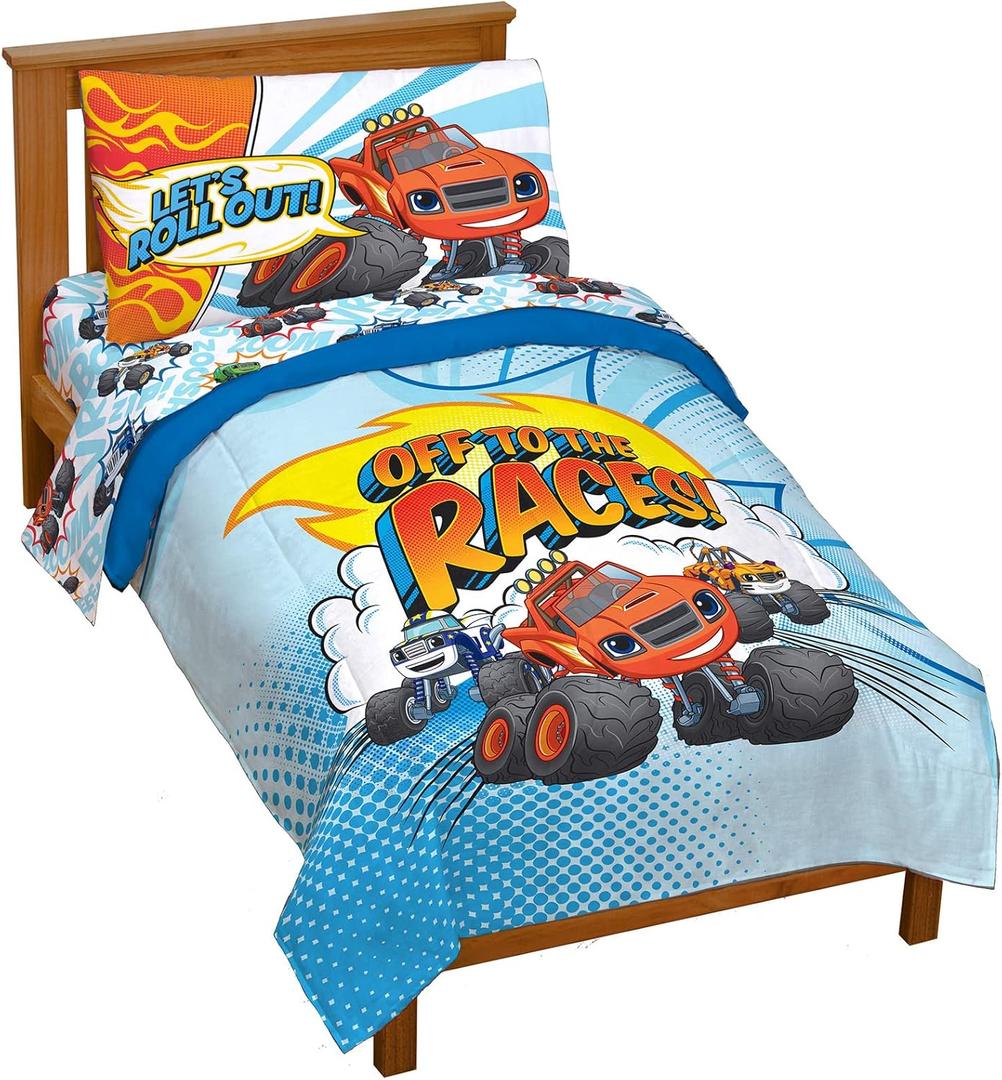 Jay Franco Blaze and The Monster Machines Off to The Races 4 Piece Toddler Size Bed Set Super Soft Microfiber Bed Set Includes Size Comforter & Sheet Set (Official Blaze Product)
