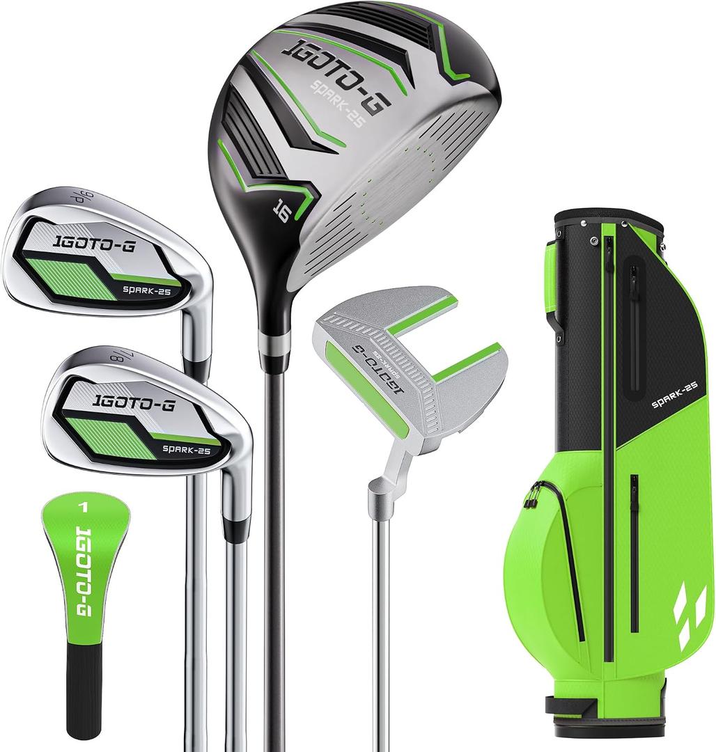 1GoTo-G 6 Pieces Kids Golf Clubs Set - Youth Golf Clubs Junior Set for Boys Girls Includes Stand Bag, 1# Driver, 7/8#, 9/P# Irons and Putter, Green – Ages 6-8 – Right Hand