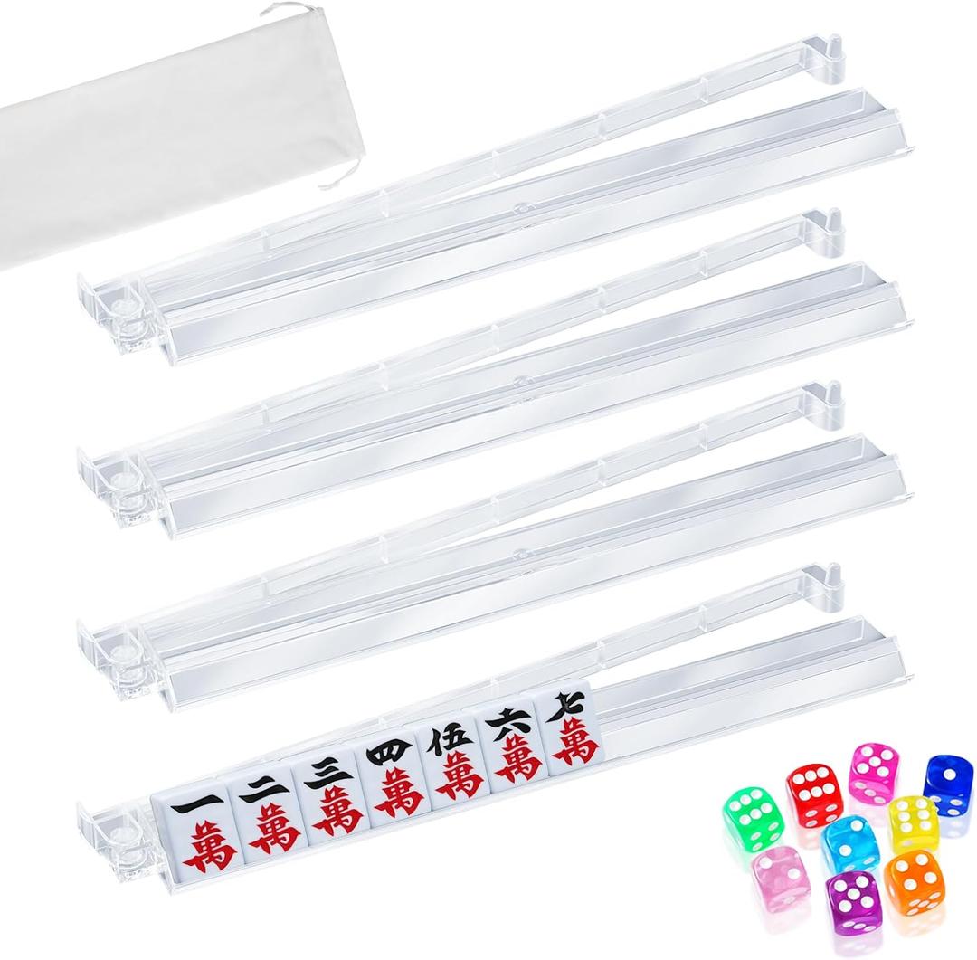 4 Sets Mahjong Racks with Pushers and 9 Colored Dice, Modern Clear Acrylic Mahjong All-in-One Tile Rack & Pusher Arm Compact Easy Carry Mahjong Accessories