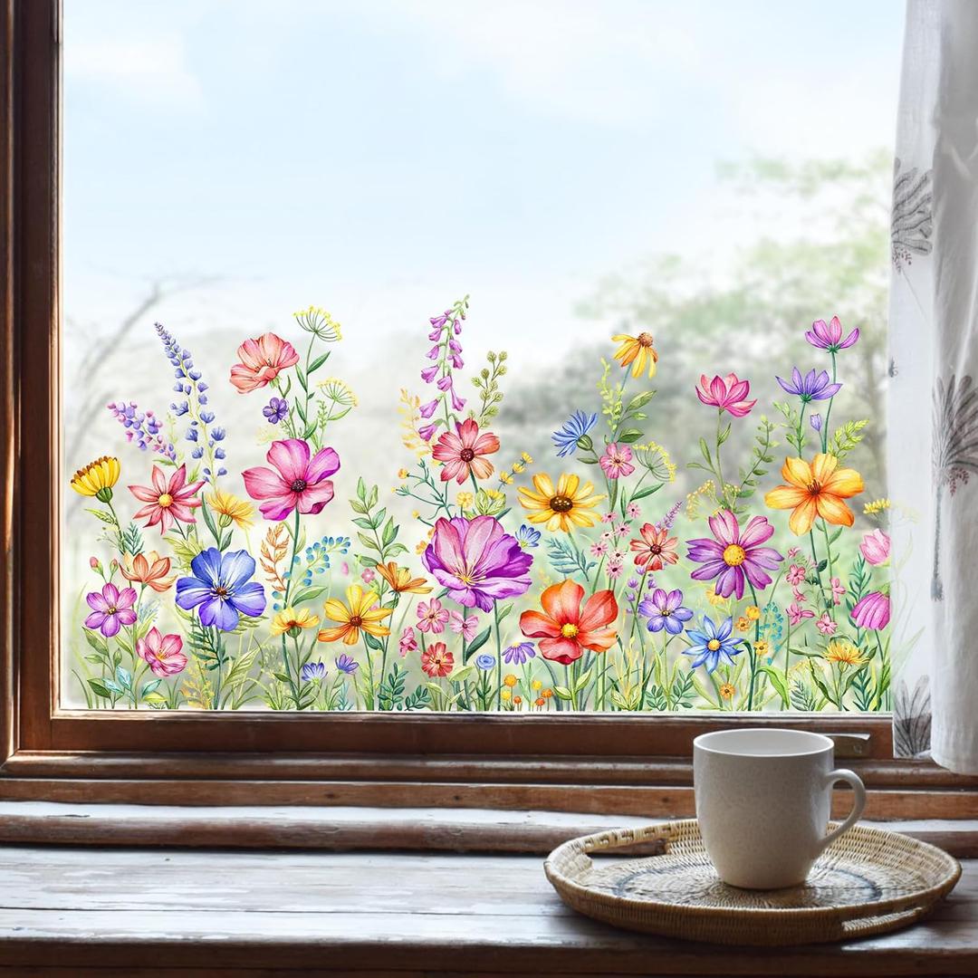 Wildflower Window Clings Colorful Spring Summer Floral Window Stickers Double-Sided Anti-Collision Glass Door Mirror Decals