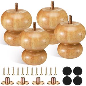 3 Inch Wood Furniture Legs Set of 4 Rubber Wood Couch Legs Round Furniture Replacement Mid Century Bun Feet for Desk Dresser Sofa Cabinet Ottoman Chair and Bed(Natural)