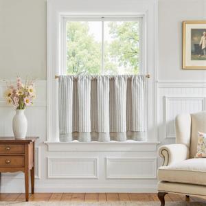 jinchan Double Layer Striped Linen Kitchen Tier Curtain Rustic Cafe for Living Room Bathroom Half Window Curtain Light Filtering Rod Pocket 1 Panel 24 Inch Taupe Grey