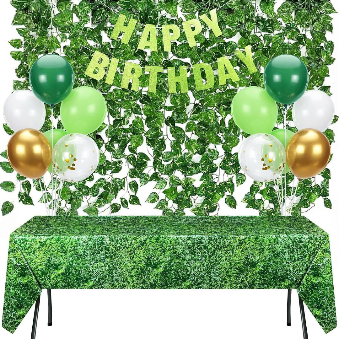 4 Pcs Jungle Safari Theme Party Decorations Set Includes Happy Birthday Banner Green Glitter Fake Vines Green and Golden Balloon Moss Pattern Plastic Tablecloth for Birthday Party