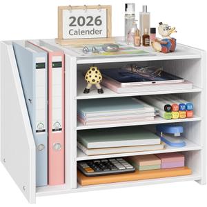 4-Tier White Wood Desk Paper Organizer, Modern Desktop Letter Tray for File Folders, White Office Desk Shelf Accessories & Workspace Organizers for A4 Documents, Sturdy Wood Sorter