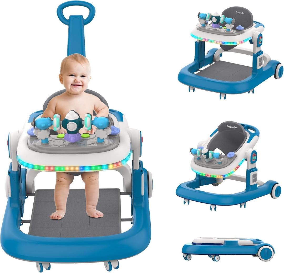 Baby Walker, 4 in 1 Foldable Baby Walker, Baby Walker with Wheels & LED Light, Adjustable Speed and 3 Height for Baby Girl and Baby Boy, Baby Walkers for Babies 6-18 Months Blue
