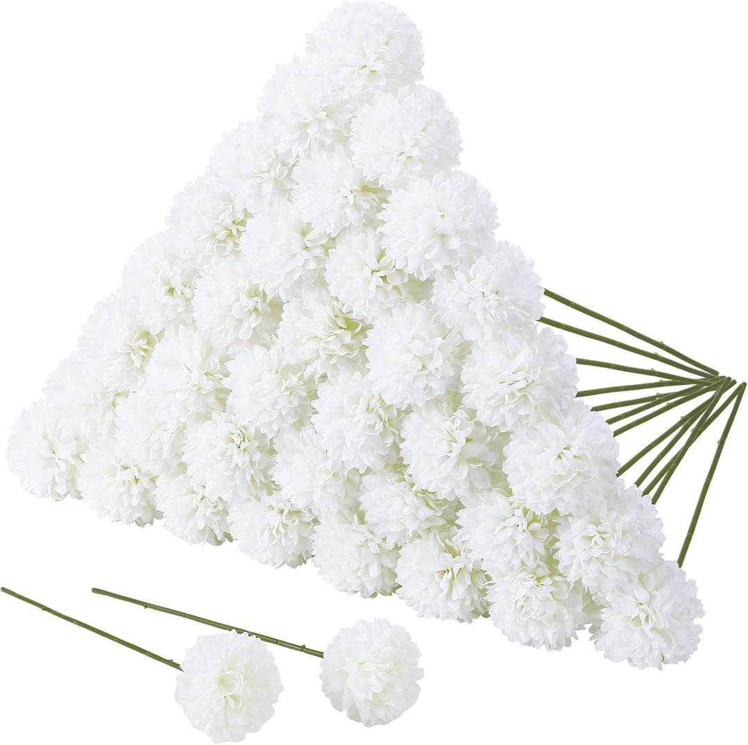 Ovveroche 36 Pcs Artificial Flowers Chrysanthemum, Fake Hydrangea Flowers with Stems Ball Bouquet for Home Office Coffee House Table Parties Wedding and Baby Shower Decoration (Bright White)