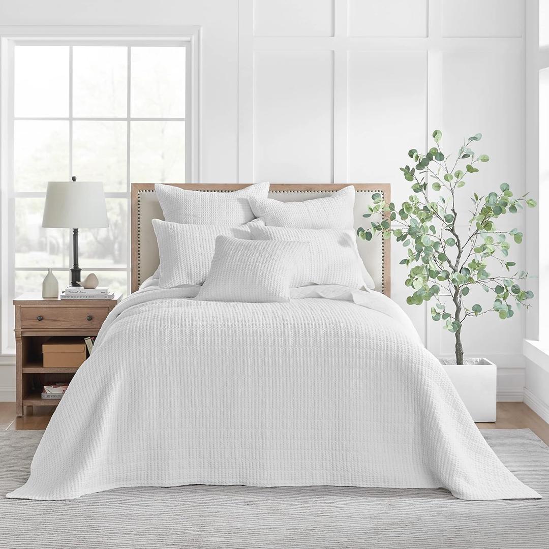 Levtex Home - Mills Waffle - Queen Quilted Bedspread Set - Bright White Cotton Waffle - Bedspread Size (104 x 106in.), Sham Size (26 x 20in.)