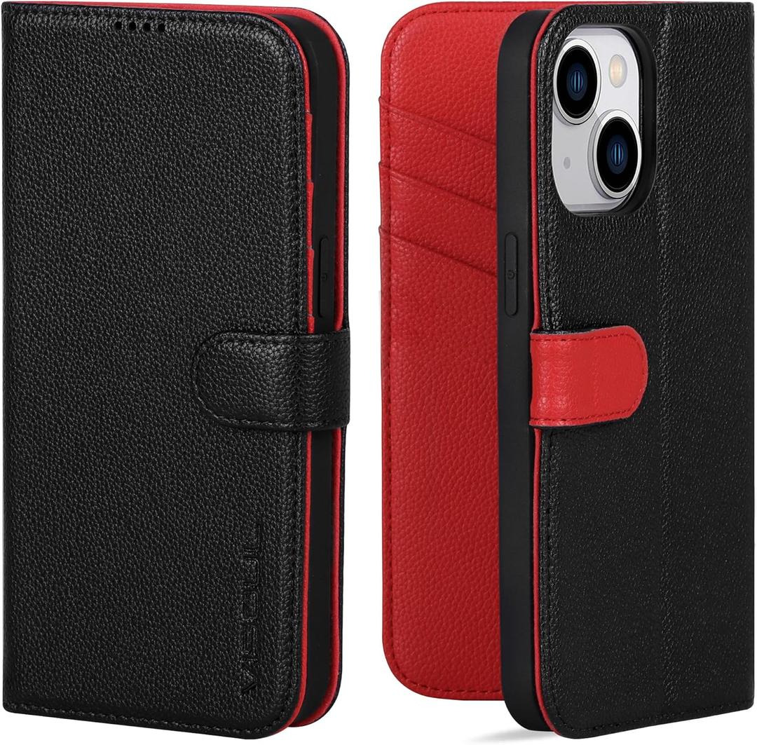 VISOUL Real Leather Wallet Case for iPhone 15, Pebbled Leather Magnetic Folio Case with Card Holder Kickstand Shockproof Phone Cover Designed for iPhone 15 (6.1 inch)-Black+Red
