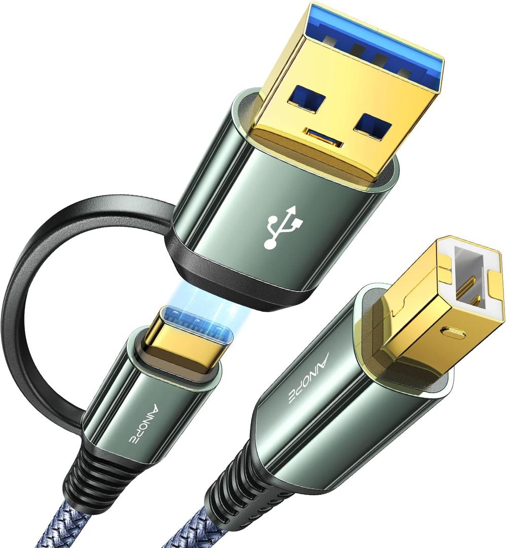 AINOPE Printer USB Cable 10 Feet Grey, A&C to B 2.0 for MacBook Pro, MIDI New-Nylon Braided for Yamaha Casio Digital Piano MIDI Controller