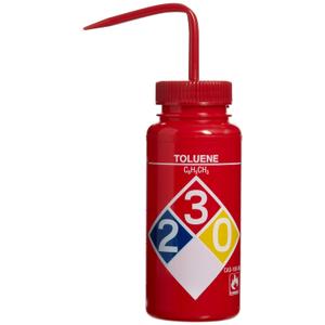 SP Bel-Art Safety-Labeled 4-Color Toluene Wide-Mouth Wash Bottles; 500ml (16oz), Polyethylene w/Red Polypropylene Cap (Pack of 4) (F11716-0016) Made in USA
