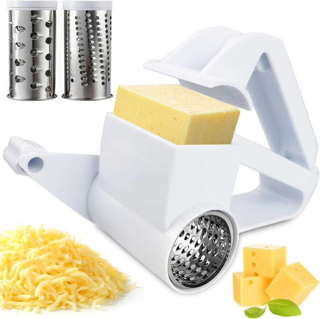 Rotary Cheese Grater, Handheld Cheese Grater with Fine & Coarse Drums for Cheese Nuts Chocolates and More, Stainless Steel & ABS, Dishwasher Safe, Includes Extra Handle
