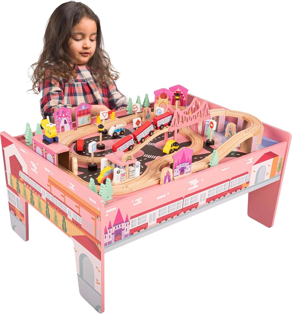 Wooden Train Set - 75-Piece Play Set with Tracks, Vehicles, Buildings, Characters, Illustrated Playing Surface, and Activity Table by Hey Play (Pink)
