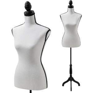 Manikin 49.6”-63.4”Height Adjustable Female Dress Model Display Torso Body Wooden Tripod Stand Clothing Forms High Density Foam Portable Display Mannequin (Cream), Black
