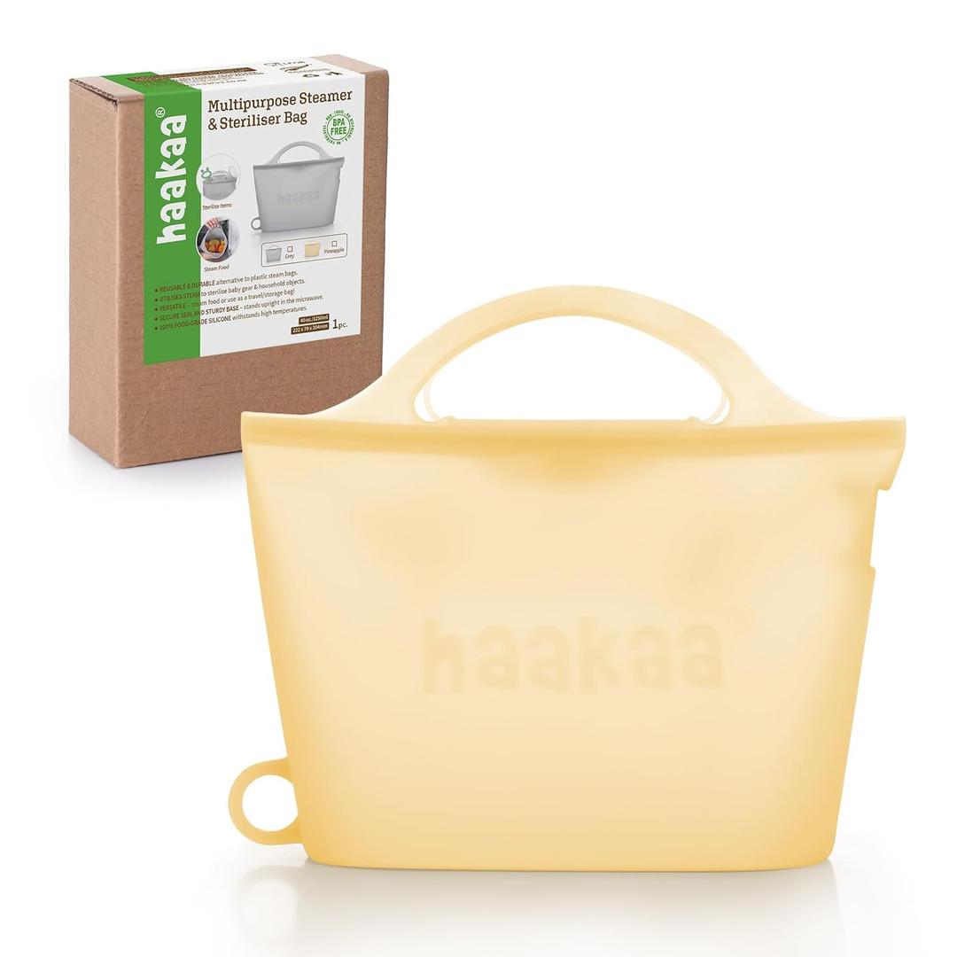 Haakaa On-The-Go Silicone Microwave Steam Sterilizer Bags for Travel, 40oz/1250ml Reusable Silicone Steaming Bags for Baby Bottles, Breast Pump, Accessories, Pacifiers, Teethers, Pineapple/1PC