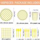 140Pcs Gingham Party Supplies for 20 Guests Thick Paper Plates and Napkins Knives Spoons Forks Cups Disposable Party Set Cutlery for Dinner Baby Shower Wedding Favor(Yellow)