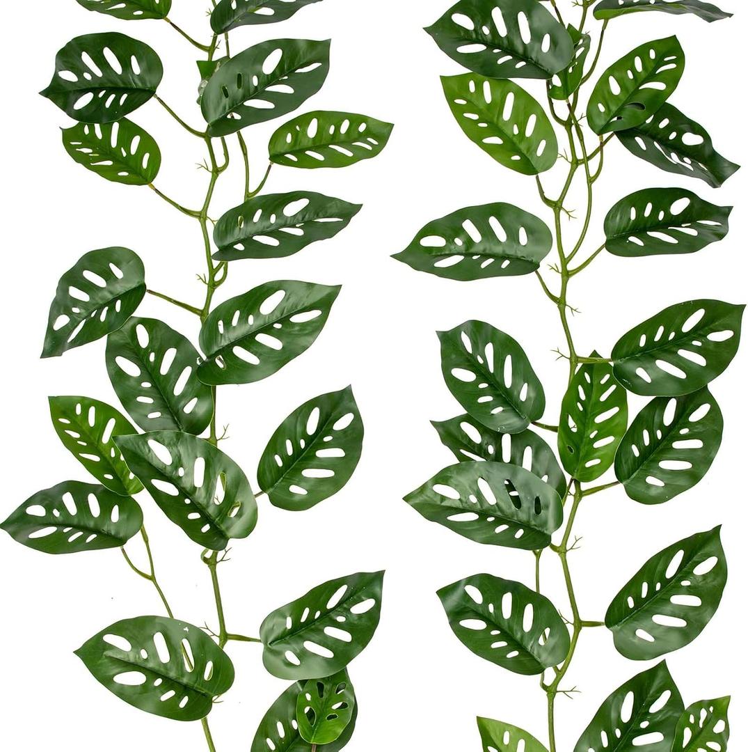 2Pcs Artificial Monstera Leaves Vines 4ft Fake Hanging Plant Ivy Vines Greenery Garland Faux Tropical Vine Decor for Wall Jungle Luau Beach Birthday Party Indoor Outdoor Home Dcor (Monstera#style 1)