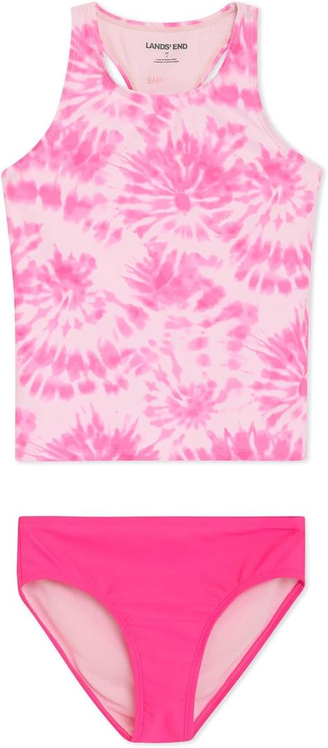 Lands' End Girls' UPF 50+ Swim Bikini Bottom and Racerback Tankini Set (Pink, L)