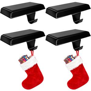 Christmas Weighted Stocking Holders For Mantle Set of 4,Mantle Stocking Hangers,Heavy Duty Christmas Stockings Holders Christmas Ornaments for Counter Tables Window Fireplace Mantle Decoration (Black)