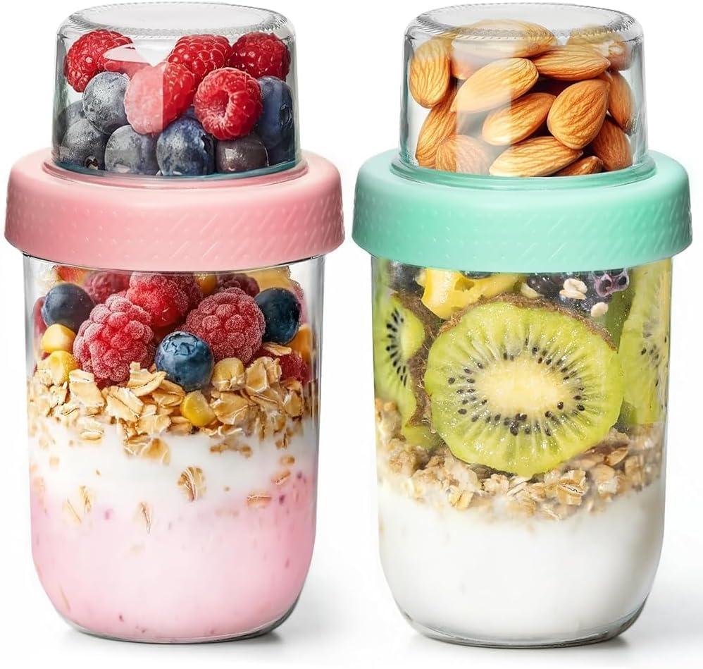 ComSaf Overnight Oats Containers with Lids (16oz+4oz, 2Pcs), Dual-Layer Chia Pudding Jars with Dry and Wet Separation, Yogurt Parfait Cups for Oatmeal Cereal Nut Fruit, Meal Prep Glass Jars for Salad