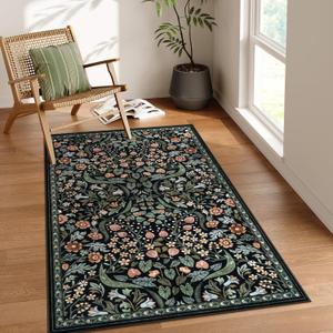 Moynesa Floral Machine Washable Rugs, 3x5 Rug for Entryway Non Slip Small Botanical Living Room Area Rug, Boho Ultra Thin Soft Bedroom Floor Throw Carpet for Dorm Bathroom Nursery, Black