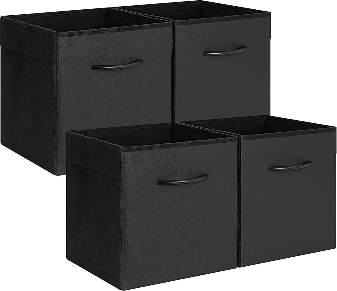 StorageWorks Black Storage Cubes, 11-inch Leather Bins with Handle, Cube Organizer Baskets for Shelves and Closet, Collapsible Storage Bins, 4-Pack